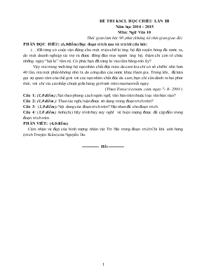 Đề thi khảo sats chất lượng học chiều lần III - Năm học 2014 - 2015 môn Ngữ văn 10